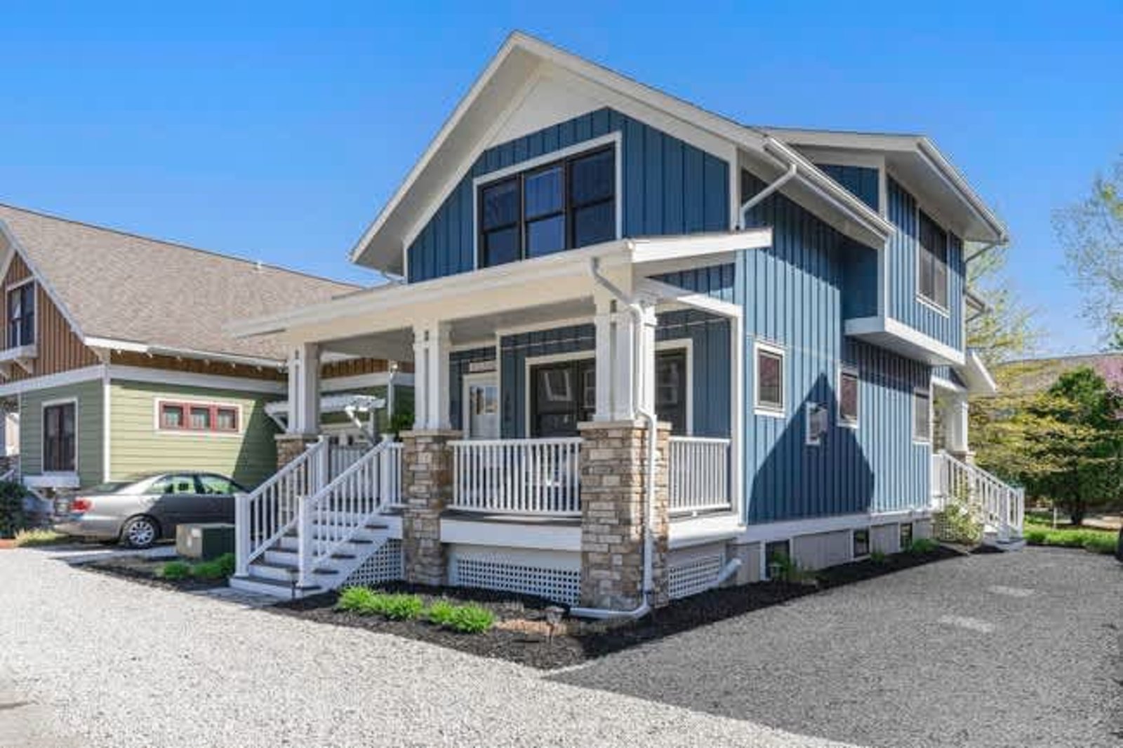 Blue Haven’s blue exterior and covered front porch